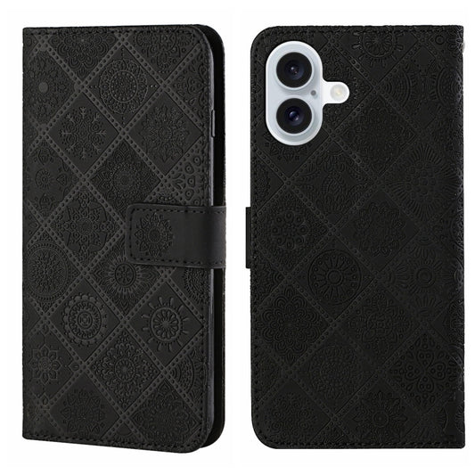 For iPhone 16 Plus Ethnic Style Embossed Pattern Leather Phone Case(Black) by buy2fix