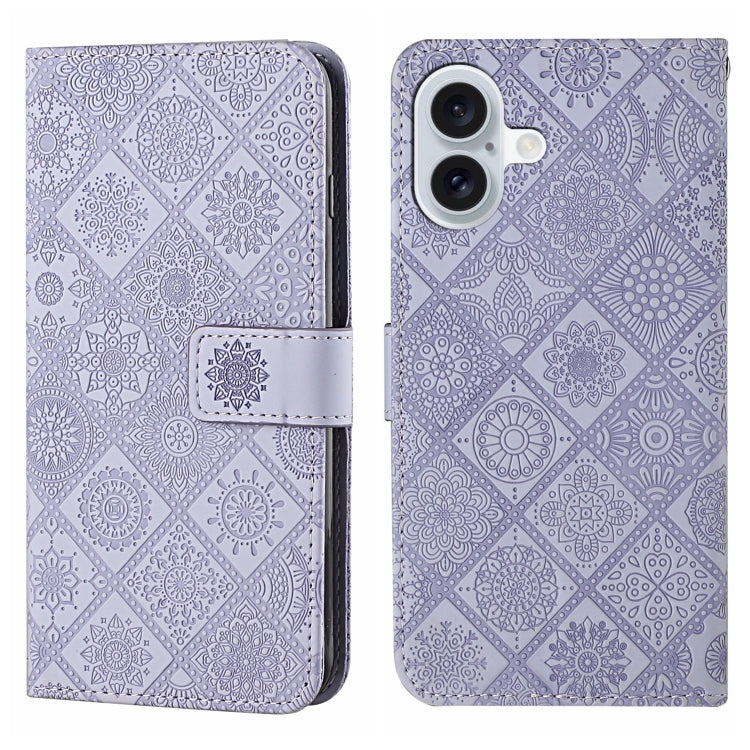 For iPhone 16 Plus Ethnic Style Embossed Pattern Leather Phone Case(Purple) by buy2fix
