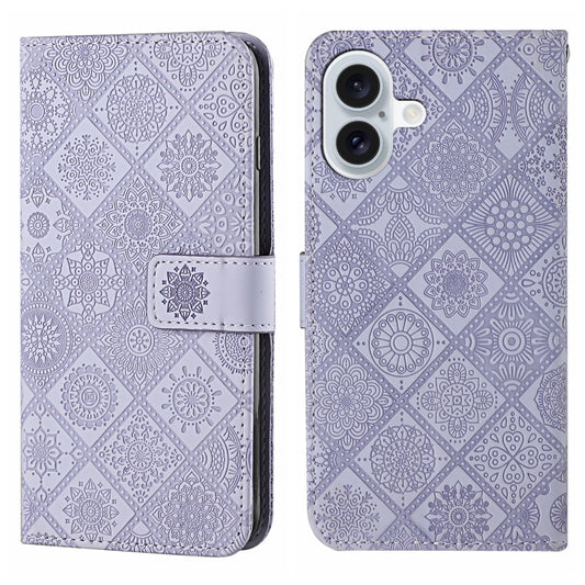 For iPhone 16 Plus Ethnic Style Embossed Pattern Leather Phone Case(Purple) by buy2fix