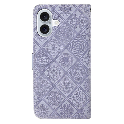 For iPhone 16 Plus Ethnic Style Embossed Pattern Leather Phone Case(Purple) by buy2fix
