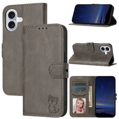 For iPhone 16 Embossed Happy Cat Pattern Flip Leather Phone Case(Grey) by buy2fix