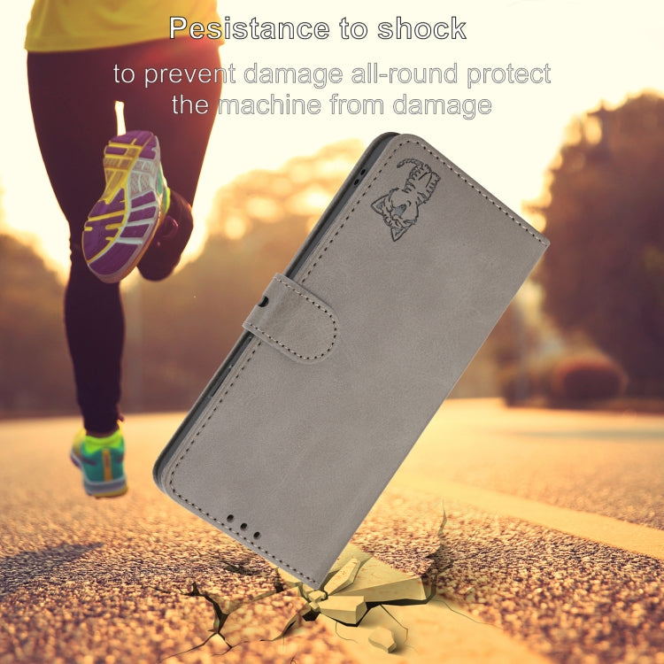 For iPhone 16 Embossed Happy Cat Pattern Flip Leather Phone Case(Grey) by buy2fix