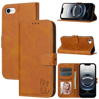 For iPhone 16e Embossed Happy Cat Pattern Flip Leather Phone Case(Yellow) by buy2fix