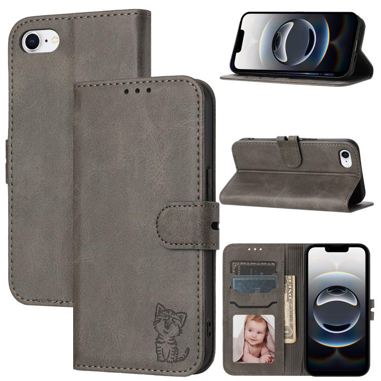 For iPhone 16e Embossed Happy Cat Pattern Flip Leather Phone Case(Grey) by buy2fix