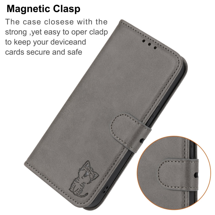For iPhone 16e Embossed Happy Cat Pattern Flip Leather Phone Case(Grey) by buy2fix