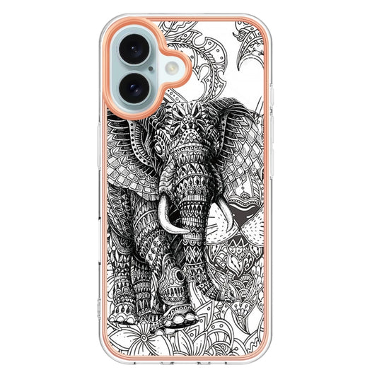 For iPhone 16 Electroplating Marble Dual-side IMD Phone Case(Totem Elephant) by buy2fix