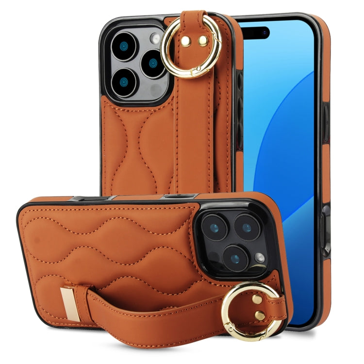 For iPhone 16 Pro Max Non-slip Full Coverage Ring PU Phone Case with Wristband(Brown) - iPhone 16 Pro Max Cases by buy2fix | Online Shopping UK | buy2fix