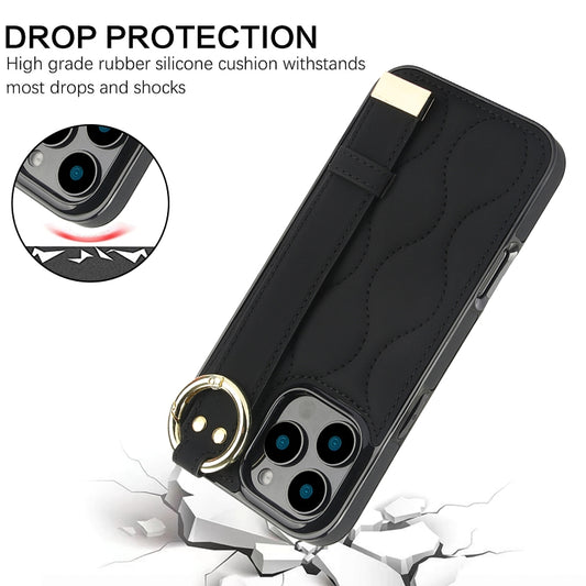For iPhone 16 Pro Non-slip Full Coverage Ring PU Phone Case with Wristband(Black) by buy2fix