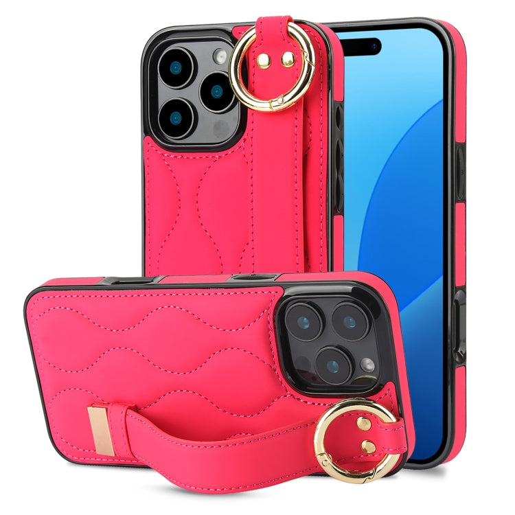 For iPhone 16 Pro Non-slip Full Coverage Ring PU Phone Case with Wristband(Rose Red) - iPhone 16 Pro Cases by buy2fix | Online Shopping UK | buy2fix