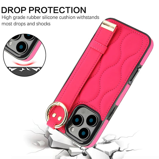 For iPhone 16 Pro Non-slip Full Coverage Ring PU Phone Case with Wristband(Rose Red) by buy2fix