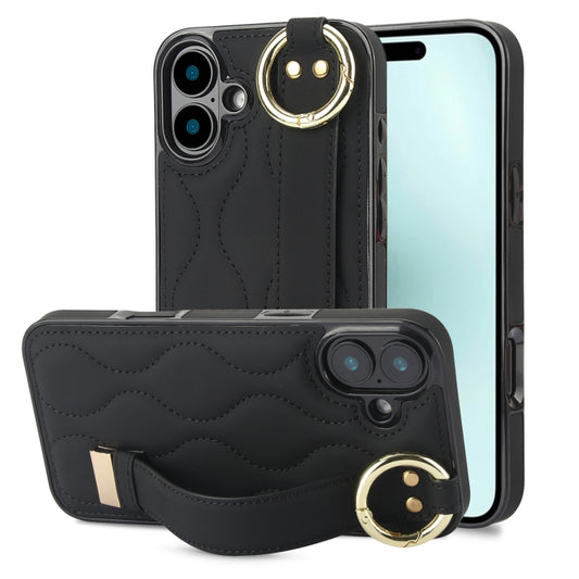 For iPhone 16 Plus Non-slip Full Coverage Ring PU Phone Case with Wristband(Black) - iPhone 16 Plus Cases by buy2fix | Online Shopping UK | buy2fix