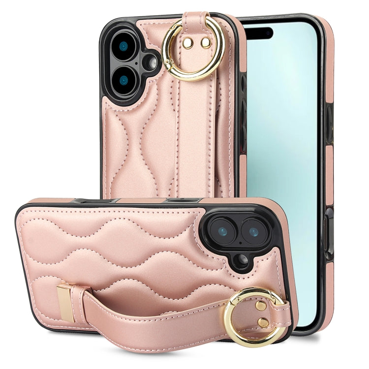 For iPhone 16 Plus Non-slip Full Coverage Ring PU Phone Case with Wristband(Rose Gold) by buy2fix