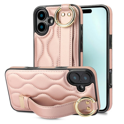 For iPhone 16 Plus Non-slip Full Coverage Ring PU Phone Case with Wristband(Rose Gold) by buy2fix