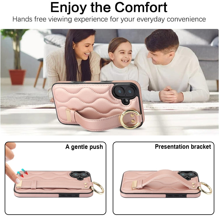 For iPhone 16 Plus Non-slip Full Coverage Ring PU Phone Case with Wristband(Rose Gold) by buy2fix