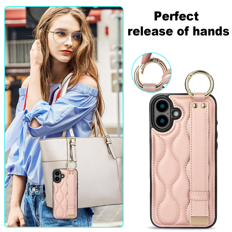 For iPhone 16 Plus Non-slip Full Coverage Ring PU Phone Case with Wristband(Rose Gold) by buy2fix