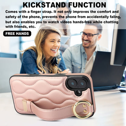 For iPhone 16 Plus Non-slip Full Coverage Ring PU Phone Case with Wristband(Rose Gold) by buy2fix