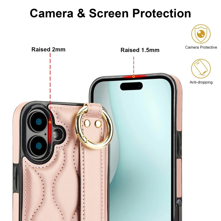 For iPhone 16 Plus Non-slip Full Coverage Ring PU Phone Case with Wristband(Rose Gold) by buy2fix