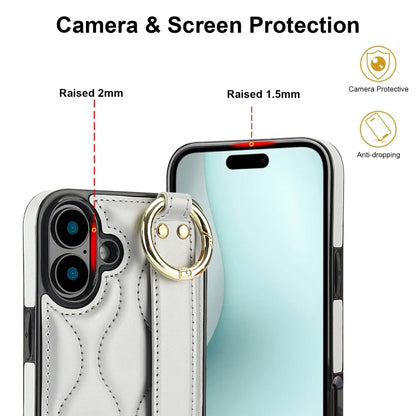 For iPhone 16 Plus Non-slip Full Coverage Ring PU Phone Case with Wristband(Silver) - iPhone 16 Plus Cases by buy2fix | Online Shopping UK | buy2fix