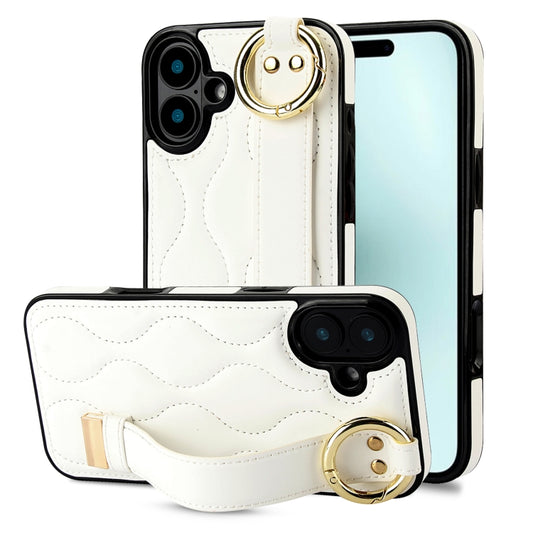 For iPhone 16 Plus Non-slip Full Coverage Ring PU Phone Case with Wristband(White) by buy2fix