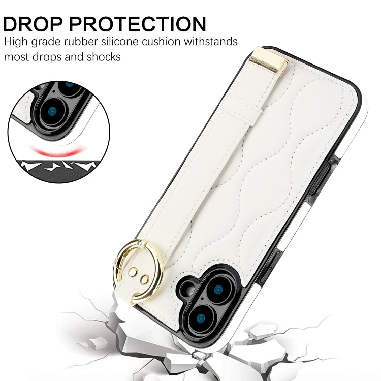 For iPhone 16 Plus Non-slip Full Coverage Ring PU Phone Case with Wristband(White) by buy2fix