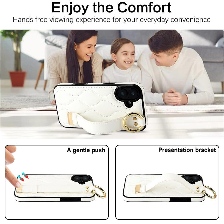 For iPhone 16 Plus Non-slip Full Coverage Ring PU Phone Case with Wristband(White) by buy2fix
