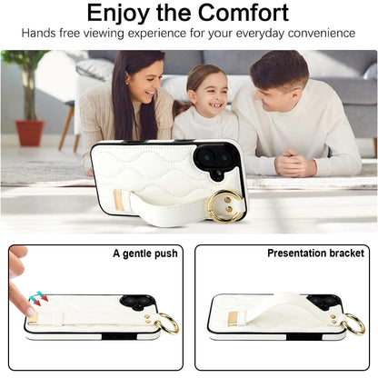 For iPhone 16 Plus Non-slip Full Coverage Ring PU Phone Case with Wristband(White) by buy2fix