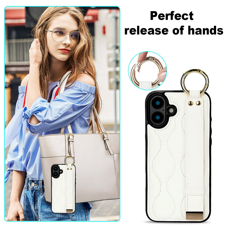 For iPhone 16 Plus Non-slip Full Coverage Ring PU Phone Case with Wristband(White) by buy2fix