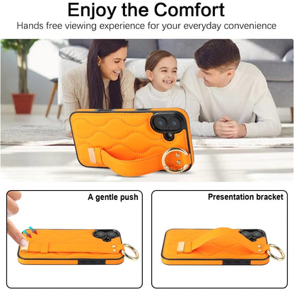 For iPhone 16 Plus Non-slip Full Coverage Ring PU Phone Case with Wristband(Orange) - iPhone 16 Plus Cases by buy2fix | Online Shopping UK | buy2fix