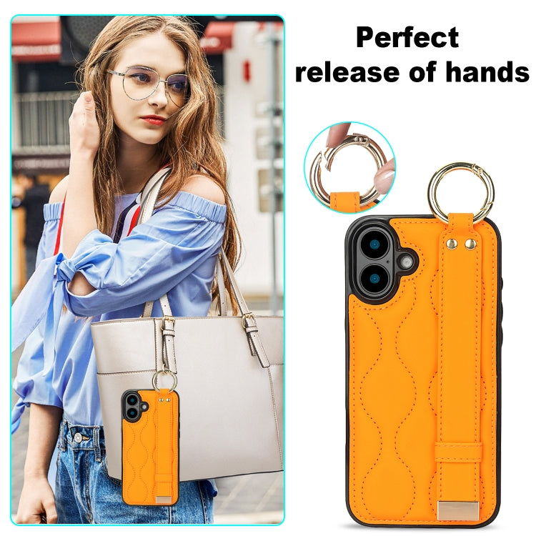 For iPhone 16 Plus Non-slip Full Coverage Ring PU Phone Case with Wristband(Orange) - iPhone 16 Plus Cases by buy2fix | Online Shopping UK | buy2fix