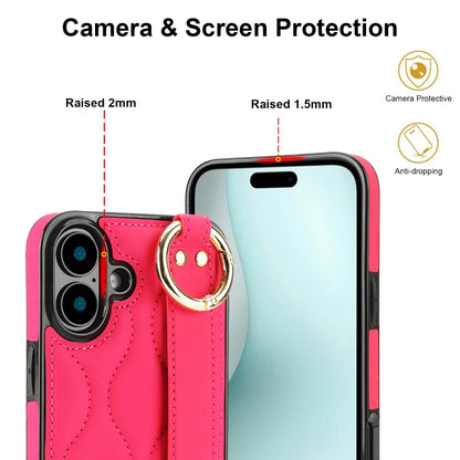 For iPhone 16 Plus Non-slip Full Coverage Ring PU Phone Case with Wristband(Rose Red) - iPhone 16 Plus Cases by buy2fix | Online Shopping UK | buy2fix