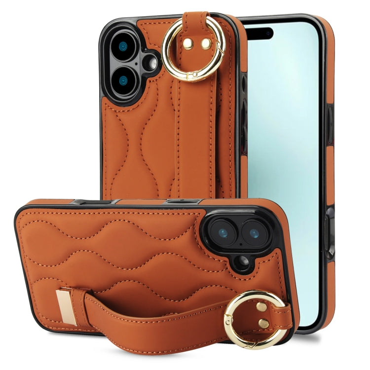 For iPhone 16 Plus Non-slip Full Coverage Ring PU Phone Case with Wristband(Brown) by buy2fix