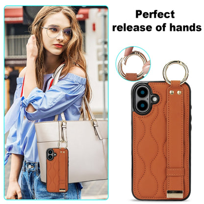 For iPhone 16 Plus Non-slip Full Coverage Ring PU Phone Case with Wristband(Brown) by buy2fix