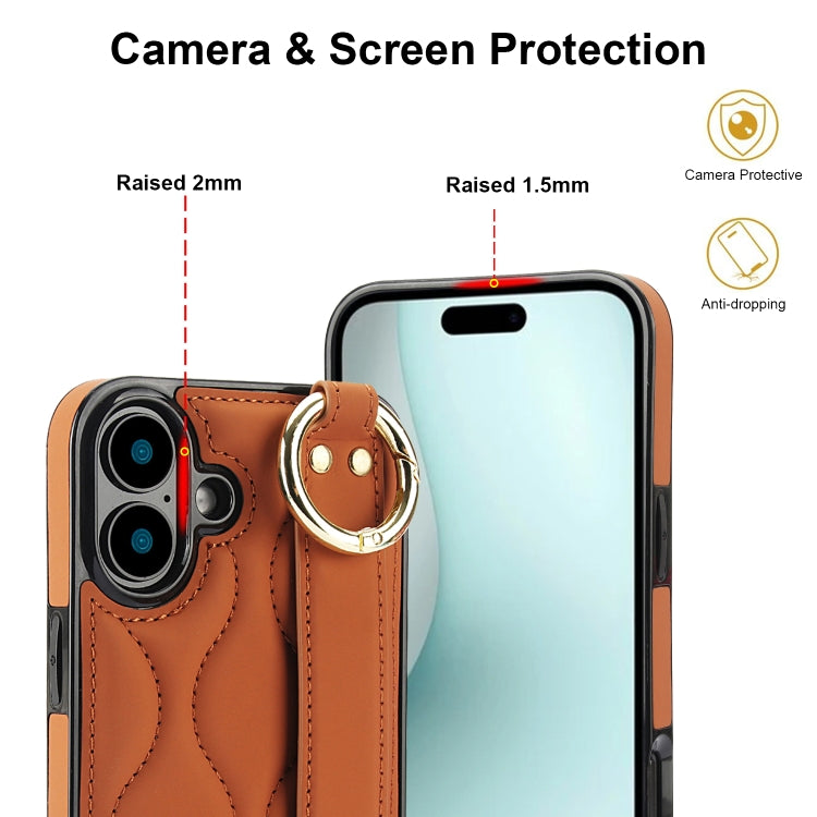 For iPhone 16 Plus Non-slip Full Coverage Ring PU Phone Case with Wristband(Brown) by buy2fix