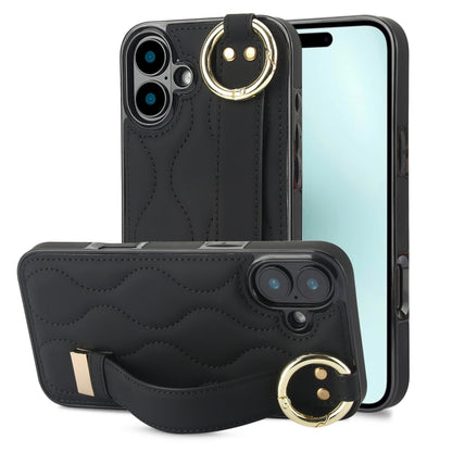 For iPhone 16 Non-slip Full Coverage Ring PU Phone Case with Wristband(Black) by buy2fix