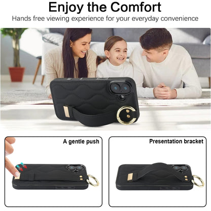 For iPhone 16 Non-slip Full Coverage Ring PU Phone Case with Wristband(Black) by buy2fix