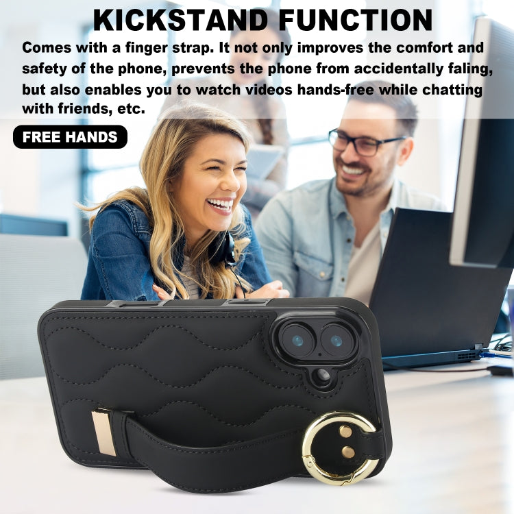 For iPhone 16 Non-slip Full Coverage Ring PU Phone Case with Wristband(Black) by buy2fix