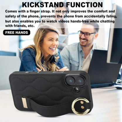 For iPhone 16 Non-slip Full Coverage Ring PU Phone Case with Wristband(Black) by buy2fix