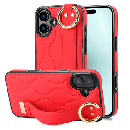For iPhone 16 Non-slip Full Coverage Ring PU Phone Case with Wristband(Red) by buy2fix