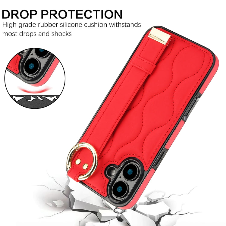 For iPhone 16 Non-slip Full Coverage Ring PU Phone Case with Wristband(Red) by buy2fix