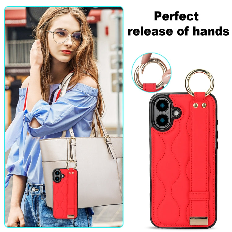 For iPhone 16 Non-slip Full Coverage Ring PU Phone Case with Wristband(Red) by buy2fix