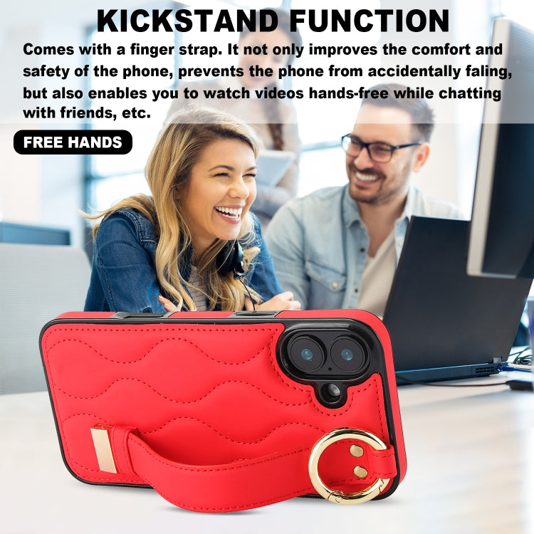 For iPhone 16 Non-slip Full Coverage Ring PU Phone Case with Wristband(Red) by buy2fix