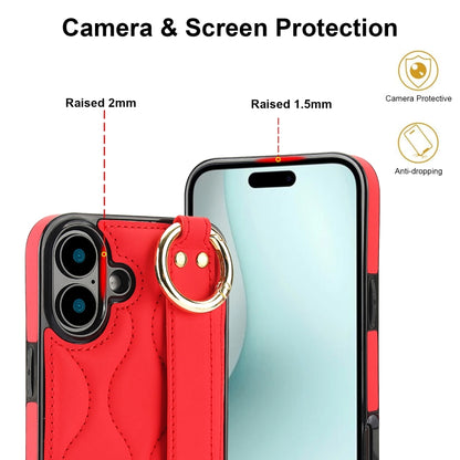 For iPhone 16 Non-slip Full Coverage Ring PU Phone Case with Wristband(Red) by buy2fix
