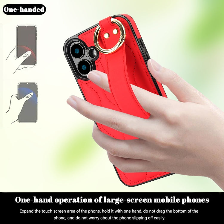 For iPhone 16 Non-slip Full Coverage Ring PU Phone Case with Wristband(Red) by buy2fix