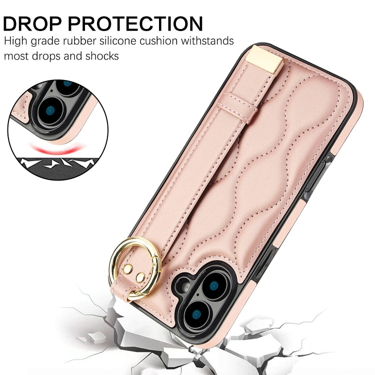 For iPhone 16 Non-slip Full Coverage Ring PU Phone Case with Wristband(Rose Gold) by buy2fix