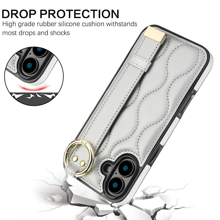 For iPhone 16 Non-slip Full Coverage Ring PU Phone Case with Wristband(Silver) by buy2fix