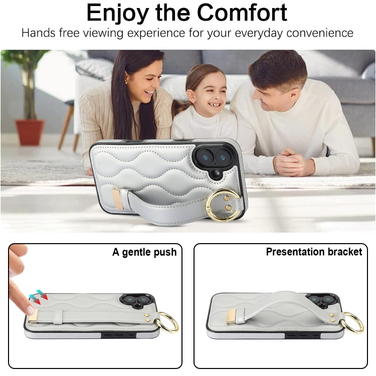 For iPhone 16 Non-slip Full Coverage Ring PU Phone Case with Wristband(Silver) by buy2fix