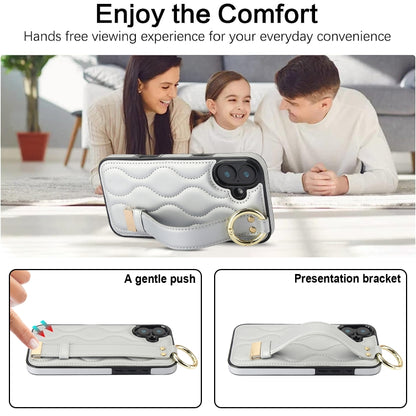 For iPhone 16 Non-slip Full Coverage Ring PU Phone Case with Wristband(Silver) by buy2fix