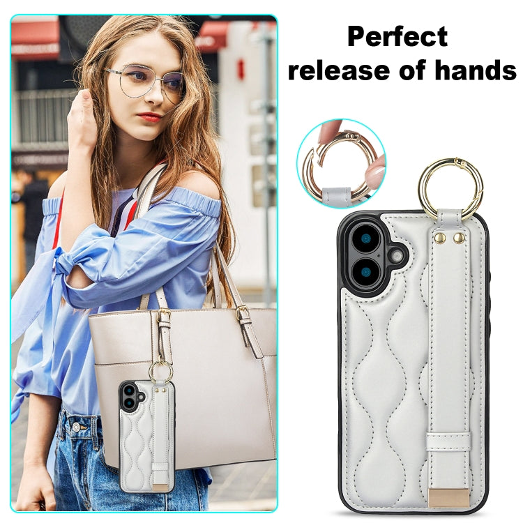 For iPhone 16 Non-slip Full Coverage Ring PU Phone Case with Wristband(Silver) by buy2fix