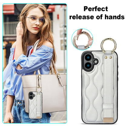 For iPhone 16 Non-slip Full Coverage Ring PU Phone Case with Wristband(Silver) by buy2fix