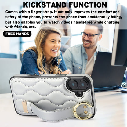 For iPhone 16 Non-slip Full Coverage Ring PU Phone Case with Wristband(Silver) by buy2fix